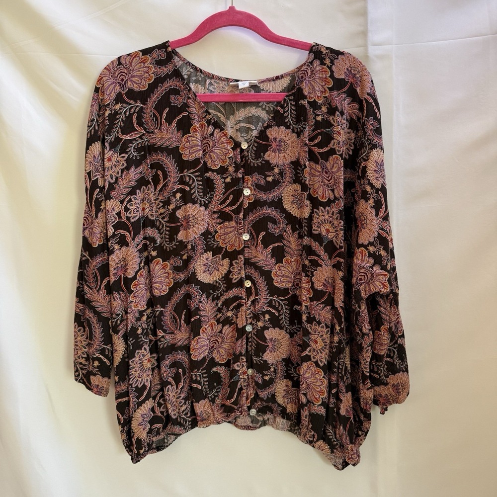 J.Jill Womens Blouse Brown Floral Balloon 3/4 Sleeve Button Down Boho XL